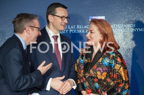  30.01.2019 WARSZAWA<br />OBCHODY 100 LAT RELACJI DYPLOMATYCZNYCH MIEDZY STANAMI ZJEDNOCZONYMI AMERYKI POLNOCNEJ A POLSKA<br />N/Z KRZYSZTOF SZCZERSKI PREMIER MATEUSZ MORAWIECKI GEORGETTE MOSBACHER<br /> 