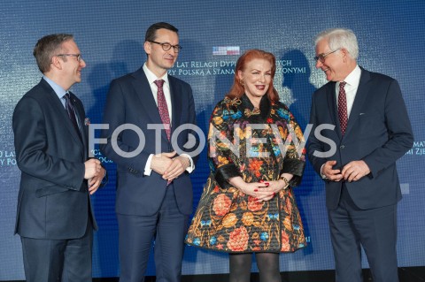  30.01.2019 WARSZAWA<br />OBCHODY 100 LAT RELACJI DYPLOMATYCZNYCH MIEDZY STANAMI ZJEDNOCZONYMI AMERYKI POLNOCNEJ A POLSKA<br />N/Z KRZYSZTOF SZCZERSKI PREMIER MATEUSZ MORAWIECKI GEORGETTE MOSBACHER JACEK CZAPUTOWICZ<br /> 