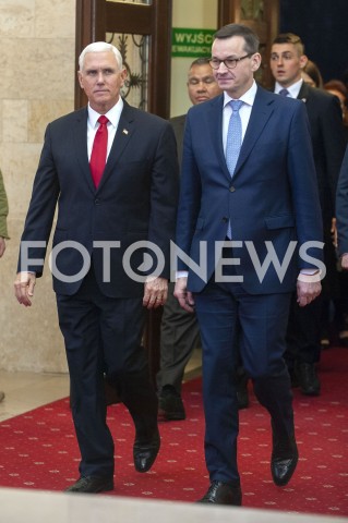  14.02.2019 WARSZAWA<br />SPOTKANIE PREMIERA POLSKI Z WICEPREZYDENTEM USA<br />KANCELARIA PREZESA RADY MINISTROW<br />N/Z PREMIER MATEUSZ MORAWIECKI WICEPREZYDENT MIKE PENCE<br /> 