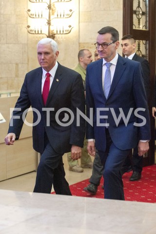  14.02.2019 WARSZAWA<br />SPOTKANIE PREMIERA POLSKI Z WICEPREZYDENTEM USA<br />KANCELARIA PREZESA RADY MINISTROW<br />N/Z PREMIER MATEUSZ MORAWIECKI WICEPREZYDENT MIKE PENCE<br /> 