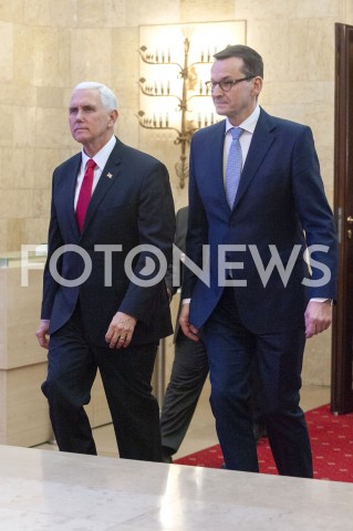  14.02.2019 WARSZAWA<br />SPOTKANIE PREMIERA POLSKI Z WICEPREZYDENTEM USA<br />KANCELARIA PREZESA RADY MINISTROW<br />N/Z PREMIER MATEUSZ MORAWIECKI WICEPREZYDENT MIKE PENCE<br /> 