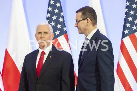  14.02.2019 WARSZAWA<br />SPOTKANIE PREMIERA POLSKI Z WICEPREZYDENTEM USA<br />KANCELARIA PREZESA RADY MINISTROW<br />N/Z PREMIER MATEUSZ MORAWIECKI WICEPREZYDENT MIKE PENCE<br /> 