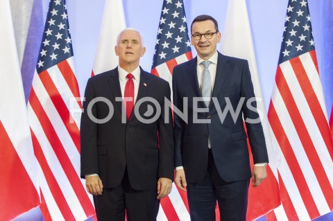  14.02.2019 WARSZAWA<br />SPOTKANIE PREMIERA POLSKI Z WICEPREZYDENTEM USA<br />KANCELARIA PREZESA RADY MINISTROW<br />N/Z PREMIER MATEUSZ MORAWIECKI WICEPREZYDENT MIKE PENCE<br /> 