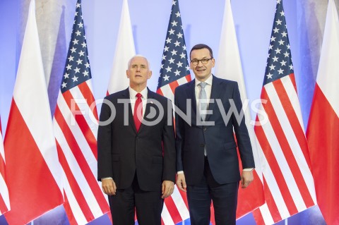  14.02.2019 WARSZAWA<br />SPOTKANIE PREMIERA POLSKI Z WICEPREZYDENTEM USA<br />KANCELARIA PREZESA RADY MINISTROW<br />N/Z PREMIER MATEUSZ MORAWIECKI WICEPREZYDENT MIKE PENCE<br /> 