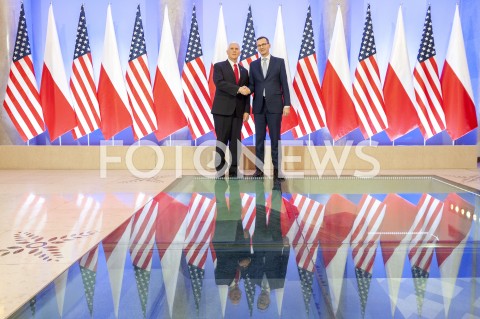  14.02.2019 WARSZAWA<br />SPOTKANIE PREMIERA POLSKI Z WICEPREZYDENTEM USA<br />KANCELARIA PREZESA RADY MINISTROW<br />N/Z PREMIER MATEUSZ MORAWIECKI WICEPREZYDENT MIKE PENCE<br /> 