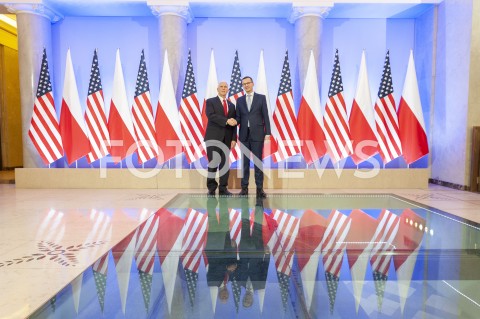  14.02.2019 WARSZAWA<br />SPOTKANIE PREMIERA POLSKI Z WICEPREZYDENTEM USA<br />KANCELARIA PREZESA RADY MINISTROW<br />N/Z PREMIER MATEUSZ MORAWIECKI WICEPREZYDENT MIKE PENCE<br /> 