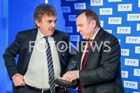  18.02.2019 WARSZAWA<br />
KONFERENCJA PREZESA TELEWIZJI POLSKIEJ I PREZESA PZPN<br />
N/Z JACEK KURSKI PREZES PZPN ZBIGNIEW BONIEK<br />
 