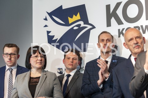  27.02.2019 WARSZAWA<br />
PREZENTACJA LOGO I NAZWY KOALICJI PROPOLSKIEJ KONFEDERACJA<br />
N/Z KAJA GODEK JANUSZ KORWIN MIKKE KONRAD BERKOWICZ SLAWOMIR MENTZEN<br />
 