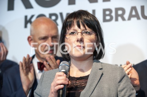  27.02.2019 WARSZAWA<br />
PREZENTACJA LOGO I NAZWY KOALICJI PROPOLSKIEJ KONFEDERACJA<br />
N/Z KAJA GODEK JANUSZ KORWIN MIKKE<br />
 