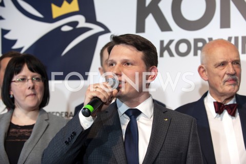  27.02.2019 WARSZAWA<br />
PREZENTACJA LOGO I NAZWY KOALICJI PROPOLSKIEJ KONFEDERACJA<br />
N/Z JANUSZ KORWIN MIKKE KAJA GODEK SLAWOMIR MENTZEN<br />
 