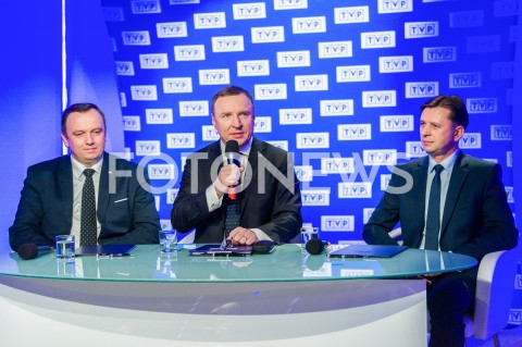  06.03.2019 WARSZAWA<br />
KONFERENCJA PREZESA TELEWIZJI POLSKIEJ DOTYCZACA ORGANIZACJI KONKURSU PIOSENKI EUROWIZJI DLA DZIECI<br />
N/Z JACEK KURSKI JAKUB CHELSTOWSKI KRYSTIAN TOMALA<br />
 