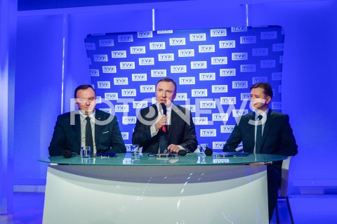  06.03.2019 WARSZAWA<br />
KONFERENCJA PREZESA TELEWIZJI POLSKIEJ DOTYCZACA ORGANIZACJI KONKURSU PIOSENKI EUROWIZJI DLA DZIECI<br />
N/Z JACEK KURSKI JAKUB CHELSTOWSKI KRYSTIAN TOMALA<br />
 