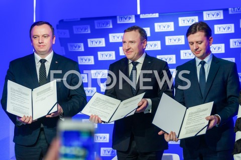  06.03.2019 WARSZAWA<br />
KONFERENCJA PREZESA TELEWIZJI POLSKIEJ DOTYCZACA ORGANIZACJI KONKURSU PIOSENKI EUROWIZJI DLA DZIECI<br />
N/Z JACEK KURSKI JAKUB CHELSTOWSKI KRYSTIAN TOMALA<br />
 