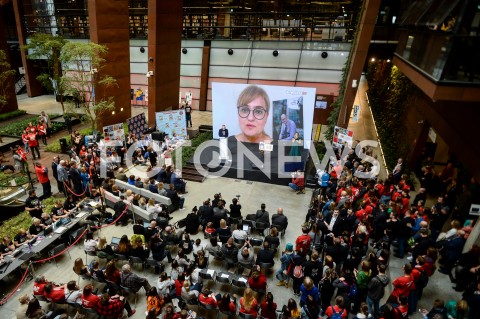  08.03.2019 GDANSK<br />
KONFERENCJA WIELKIEJ ORKIESTRY SWIATECZNEJ POMOCY W GDANSKU<br />
N/Z MAGDALENA ADAMOWICZ PRZEMAWIA NA FILMIE DO ZEBRANYCH LUDZI W ECS<br />
 