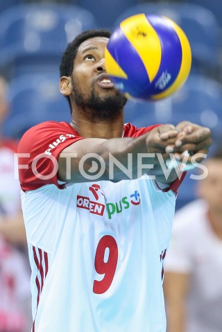  01.08.2019 KRAKOW (TAURON ARENA) <br />
XVII MEMORIAL HUBERTA JERZEGO WAGNERA <br />
MECZ POLSKA - SERBIA ( MATCH POLAND - SERBIA ) <br />
N/Z WILFREDO LEON SYLWETKA <br />
 