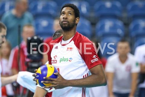  01.08.2019 KRAKOW (TAURON ARENA) <br />
XVII MEMORIAL HUBERTA JERZEGO WAGNERA <br />
MECZ POLSKA - SERBIA ( MATCH POLAND - SERBIA ) <br />
N/Z WILFREDO LEON SYLWETKA <br />
 