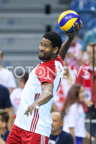  01.08.2019 KRAKOW (TAURON ARENA) <br />
XVII MEMORIAL HUBERTA JERZEGO WAGNERA <br />
MECZ POLSKA - SERBIA ( MATCH POLAND - SERBIA ) <br />
N/Z WILFREDO LEON SYLWETKA <br />
 