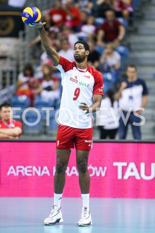  01.08.2019 KRAKOW (TAURON ARENA) <br />
XVII MEMORIAL HUBERTA JERZEGO WAGNERA <br />
MECZ POLSKA - SERBIA ( MATCH POLAND - SERBIA ) <br />
N/Z WILFREDO LEON SYLWETKA <br />
 