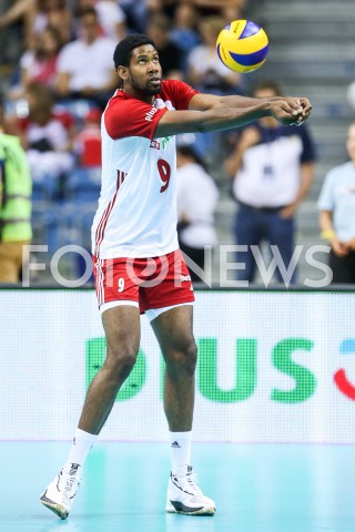  01.08.2019 KRAKOW (TAURON ARENA) <br />
XVII MEMORIAL HUBERTA JERZEGO WAGNERA <br />
MECZ POLSKA - SERBIA ( MATCH POLAND - SERBIA ) <br />
N/Z WILFREDO LEON SYLWETKA <br />
 