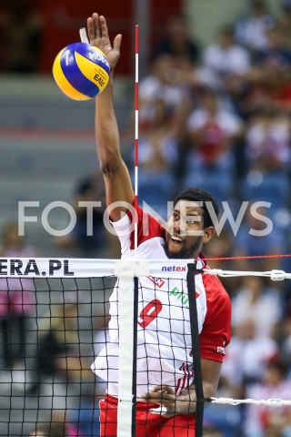  01.08.2019 KRAKOW (TAURON ARENA) <br />
XVII MEMORIAL HUBERTA JERZEGO WAGNERA <br />
MECZ POLSKA - SERBIA ( MATCH POLAND - SERBIA ) <br />
N/Z WILFREDO LEON SYLWETKA ATAK <br />
 