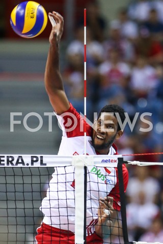  01.08.2019 KRAKOW (TAURON ARENA) <br />
XVII MEMORIAL HUBERTA JERZEGO WAGNERA <br />
MECZ POLSKA - SERBIA ( MATCH POLAND - SERBIA ) <br />
N/Z WILFREDO LEON SYLWETKA ATAK <br />
 