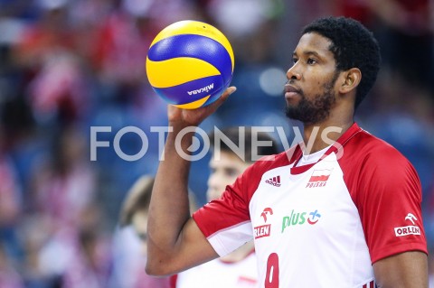  01.08.2019 KRAKOW (TAURON ARENA) <br />
XVII MEMORIAL HUBERTA JERZEGO WAGNERA <br />
MECZ POLSKA - SERBIA ( MATCH POLAND - SERBIA ) <br />
N/Z WILFREDO LEON SYLWETKA <br />
 