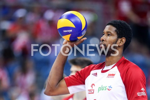  01.08.2019 KRAKOW (TAURON ARENA) <br />
XVII MEMORIAL HUBERTA JERZEGO WAGNERA <br />
MECZ POLSKA - SERBIA ( MATCH POLAND - SERBIA ) <br />
N/Z WILFREDO LEON SYLWETKA <br />
 