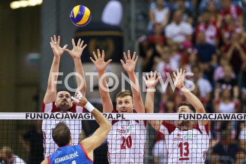  01.08.2019 KRAKOW (TAURON ARENA) <br />
XVII MEMORIAL HUBERTA JERZEGO WAGNERA <br />
MECZ POLSKA - SERBIA ( MATCH POLAND - SERBIA ) <br />
N/Z DAWID KONARSKI MATEUSZ BIENIEK MICHAL KUBIAK BLOK <br />
 