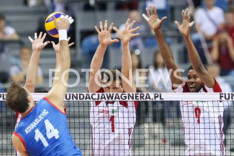  01.08.2019 KRAKOW (TAURON ARENA) <br />
XVII MEMORIAL HUBERTA JERZEGO WAGNERA <br />
MECZ POLSKA - SERBIA ( MATCH POLAND - SERBIA ) <br />
N/Z WILFREDO LEON PIOTR NOWAKOWSKI BLOK <br />
 