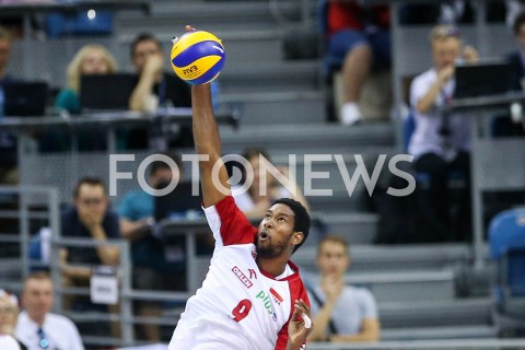  01.08.2019 KRAKOW (TAURON ARENA) <br />
XVII MEMORIAL HUBERTA JERZEGO WAGNERA <br />
MECZ POLSKA - SERBIA ( MATCH POLAND - SERBIA ) <br />
N/Z WILFREDO LEON SYLWETKA ATAK <br />
 