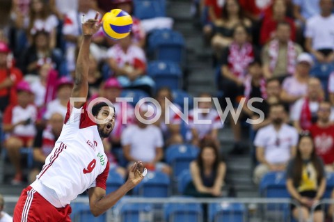  01.08.2019 KRAKOW (TAURON ARENA) <br />
XVII MEMORIAL HUBERTA JERZEGO WAGNERA <br />
MECZ POLSKA - SERBIA ( MATCH POLAND - SERBIA ) <br />
N/Z WILFREDO LEON SYLWETKA ATAK <br />
 