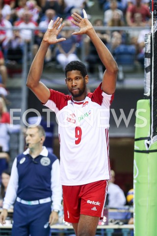  01.08.2019 KRAKOW (TAURON ARENA) <br />
XVII MEMORIAL HUBERTA JERZEGO WAGNERA <br />
MECZ POLSKA - SERBIA ( MATCH POLAND - SERBIA ) <br />
N/Z WILFREDO LEON SYLWETKA RADOSC EMOCJE <br />
 