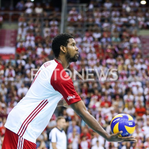  01.08.2019 KRAKOW (TAURON ARENA) <br />
XVII MEMORIAL HUBERTA JERZEGO WAGNERA <br />
MECZ POLSKA - SERBIA ( MATCH POLAND - SERBIA ) <br />
N/Z WILFREDO LEON SYLWETKA <br />
 