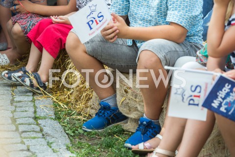  18.08.2019 STALOWA WOLA <br />
RODZINNY PIKNIK PIS W STALOWEJ WOLI <br />
N/Z DZIECI SIEDZACE NA SIANIE SLOMIE FLAGI PIS<br />
 