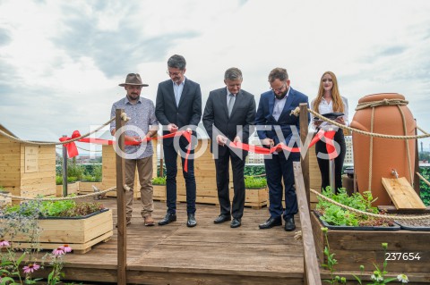  04.08.2020 RZESZOW <br />
W CENTRUM RZESZOWA POWSTALA PIERWSZA MIEJSKA PASIEKA NA DACHU GALERII RZESZOW. PASIEKA LICZY 5 RODZIN PSZCZELICH TJ. NAWET POL MILIONA PSZCZOL <br />
N/Z UROCZYSTE OTWARCIE MACIEJ SZELA STANISLAW SIENKO RAFAL SZELA ROBERT PODKULSKI<br />
 