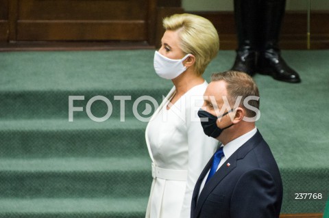  06.08.2020 WARSZAWA SEJM <br />
ZAPRZYSIEZENIE PREZYDENTA RP ANDRZEJA DUDY PRZED ZGROMADZENIEM NARODOWYM NA II KADENCJE <br />
Poland's President Andrzej Duda swearing-in ceremony in Warsaw<br />
N/Z PREZYDENT RP ANDRZEJ DUDA Z ZONA AGATA KORNHAUSER DUDA<br />
 