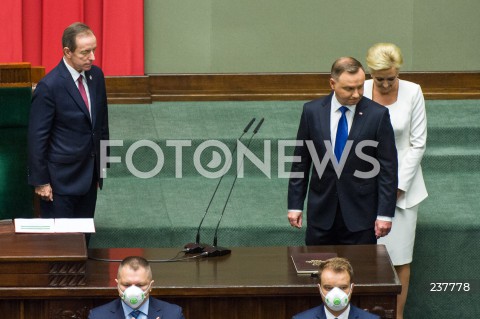  06.08.2020 WARSZAWA SEJM <br />
ZAPRZYSIEZENIE PREZYDENTA RP ANDRZEJA DUDY PRZED ZGROMADZENIEM NARODOWYM NA II KADENCJE <br />
Poland's President Andrzej Duda swearing-in ceremony in Warsaw<br />
N/Z PREZYDENT RP ANDRZEJ DUDA Z ZONA AGATA KORNHAUSER DUDA MARSZALEK TOMASZ GRODZKI SLUBOWANIE<br />
 