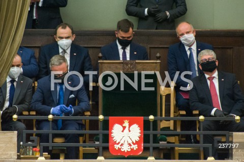  06.08.2020 WARSZAWA SEJM <br />
ZAPRZYSIEZENIE PREZYDENTA RP ANDRZEJA DUDY PRZED ZGROMADZENIEM NARODOWYM NA II KADENCJE <br />
Poland's President Andrzej Duda swearing-in ceremony in Warsaw<br />
N/Z FOTEL PREZYDENTA KRZYSZTOF SZCZERSKI BLAZEJ SPYCHALSKI PAWEL SOLOCH PAWEL MUCHA ADAM KWIATKOWSKI WOJCIECH KOLARSKI<br />
 