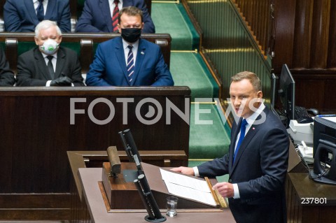  06.08.2020 WARSZAWA SEJM <br />
ZAPRZYSIEZENIE PREZYDENTA RP ANDRZEJA DUDY PRZED ZGROMADZENIEM NARODOWYM NA II KADENCJE <br />
Poland's President Andrzej Duda swearing-in ceremony in Warsaw<br />
N/Z PREZYDENT RP ANDRZEJ DUDA PRZEMOWIENIE JAROSLAW KACZYNSKI MARIUSZ BLASZCZAK <br />
 