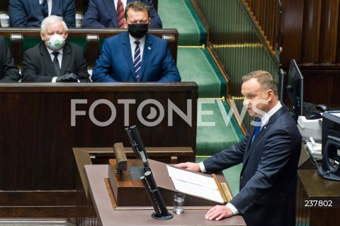  06.08.2020 WARSZAWA SEJM <br />
ZAPRZYSIEZENIE PREZYDENTA RP ANDRZEJA DUDY PRZED ZGROMADZENIEM NARODOWYM NA II KADENCJE <br />
Poland's President Andrzej Duda swearing-in ceremony in Warsaw<br />
N/Z PREZYDENT RP ANDRZEJ DUDA PRZEMOWIENIE JAROSLAW KACZYNSKI MARIUSZ BLASZCZAK <br />
 