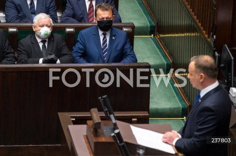  06.08.2020 WARSZAWA SEJM <br />
ZAPRZYSIEZENIE PREZYDENTA RP ANDRZEJA DUDY PRZED ZGROMADZENIEM NARODOWYM NA II KADENCJE <br />
Poland's President Andrzej Duda swearing-in ceremony in Warsaw<br />
N/Z PREZYDENT RP ANDRZEJ DUDA PRZEMOWIENIE JAROSLAW KACZYNSKI MARIUSZ BLASZCZAK <br />
 