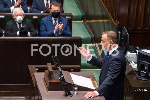  06.08.2020 WARSZAWA SEJM <br />
ZAPRZYSIEZENIE PREZYDENTA RP ANDRZEJA DUDY PRZED ZGROMADZENIEM NARODOWYM NA II KADENCJE <br />
Poland's President Andrzej Duda swearing-in ceremony in Warsaw<br />
N/Z PREZYDENT RP ANDRZEJ DUDA PRZEMOWIENIE JAROSLAW KACZYNSKI MARIUSZ BLASZCZAK <br />
 