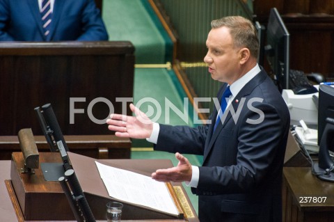  06.08.2020 WARSZAWA SEJM <br />
ZAPRZYSIEZENIE PREZYDENTA RP ANDRZEJA DUDY PRZED ZGROMADZENIEM NARODOWYM NA II KADENCJE <br />
Poland's President Andrzej Duda swearing-in ceremony in Warsaw<br />
N/Z PREZYDENT RP ANDRZEJ DUDA PRZEMOWIENIE<br />
 