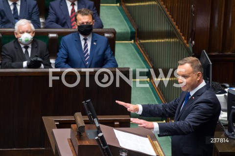  06.08.2020 WARSZAWA SEJM <br />
ZAPRZYSIEZENIE PREZYDENTA RP ANDRZEJA DUDY PRZED ZGROMADZENIEM NARODOWYM NA II KADENCJE <br />
Poland's President Andrzej Duda swearing-in ceremony in Warsaw<br />
N/Z PREZYDENT RP ANDRZEJ DUDA PRZEMOWIENIE JAROSLAW KACZYNSKI MARIUSZ BLASZCZAK<br />
 