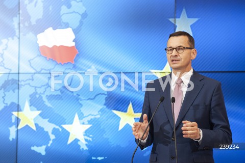  19.08.2020 WARSZAWA KPRM<br />
KONFERENCJA PREMIERA PO ZAKONCZENIU SZCZYTU UNII EUROPEJSKIEJ<br />
N/Z PREMIER MATEUSZ MORAWIECKI<br />
 