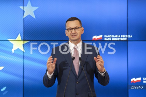  19.08.2020 WARSZAWA KPRM<br />
KONFERENCJA PREMIERA PO ZAKONCZENIU SZCZYTU UNII EUROPEJSKIEJ<br />
N/Z PREMIER MATEUSZ MORAWIECKI<br />
 