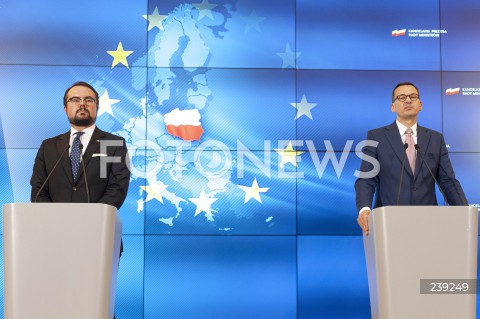  19.08.2020 WARSZAWA KPRM<br />
KONFERENCJA PREMIERA PO ZAKONCZENIU SZCZYTU UNII EUROPEJSKIEJ<br />
N/Z PREMIER MATEUSZ MORAWIECKI PAWEL JABLONSKI<br />
 