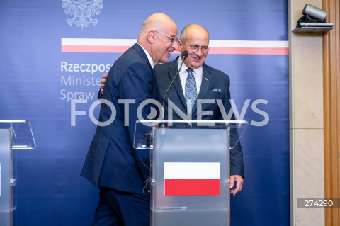  05.10.2022 WARSZAWA<br />
KONFERENCJA PRASOWA MINISTROW SPRAW ZAGRANICZNYCH POLSKI I GRECJI<br />
<br />
PRESS CONFERENCE OF THE FOREIGN MINISTERS OF POLAND AND GREECE<br />
<br />
N/Z NIKOS DENDIAS ZBIGNIEW RAU<br />
FOT. MARCIN BANASZKIEWICZ/FOTONEWS  