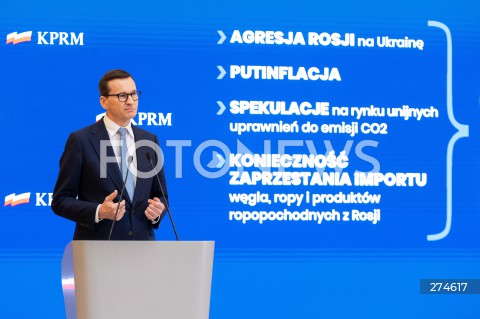  11.10.2022 WARSZAWA KPRM<br />
KONFERENCJA PRASOWA PREZESA RADY MINISTROW MATEUSZA MORAWIECKIEGO<br />
N/Z PREMIER MATEUSZ MORAWIECKI<br />
FOT. MARCIN BANASZKIEWICZ/FOTONEWS 