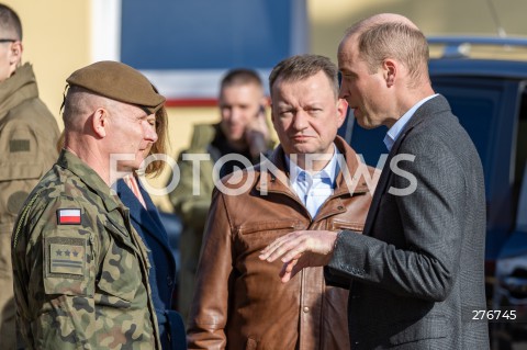  22.03.2023 RZESZOW <br />
KSIAZE WILLIAM ORAZ MINISTER OBRONY NARODOWEJ MARIUSZ BLASZCZAK PODCZAS SPOTKANIA Z POLSKIMI I BRYTYJSKIMI ZOLNIERZAMI W 3 PODKARPACKIEJ BRYGADZIE OBRONY TERYTORIALNEJ W RZESZOWIE<br />
<br />
Prince William, the heir-to-the-British throne, visited the 3rd Brigade Territorial Defense Force base in Rzeszow in southeast Poland, just 100 kilometers from the border with Ukraine.<br />
<br />
N/Z KSIAZE WILLIAM MARIUSZ BLASZCZAK PULKOWNIK MICHAL MALYSKA <br />
<br />
 